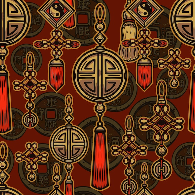 Chinese New Year elements seamless pattern with lucky pendants with coins endless knots and yin yang symbols in vintage style illustration