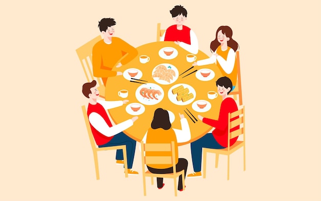 Illustrazione cinese della cena della famiglia del capodanno la famiglia mangia il manifesto di festa della cena di riunione