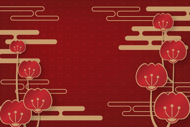 Chinese New Year festival banner design with flowers and clouds on red background