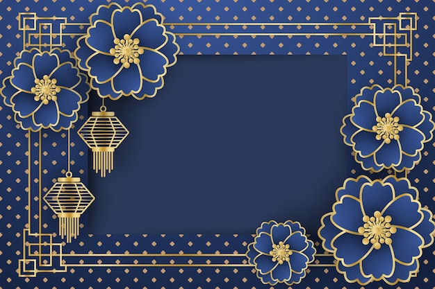 青いパターンの背景に金のランプと花と中国の旧正月の祭りのバナーデザイン