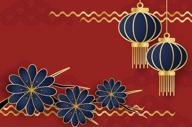 Китайский новый год фестиваль баннер дизайн с лампами цветок и облака на красном фоне