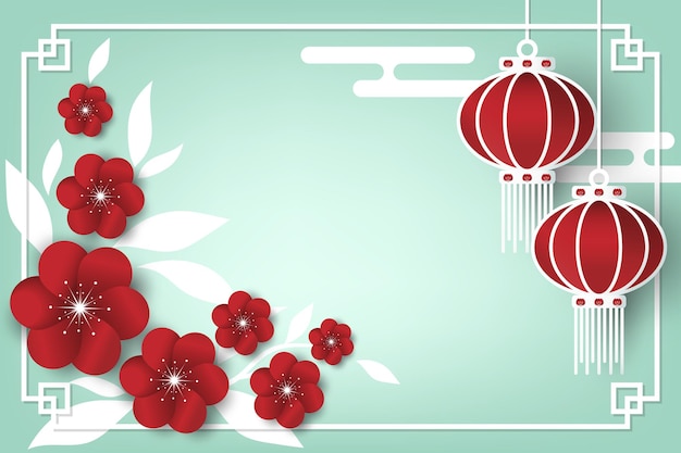 Vettore disegno dell'insegna del festival del capodanno cinese con fiori di lampade e nuvole su sfondo verde chiaro