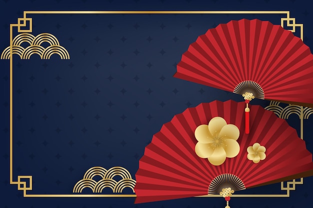 金色のフレームと花と赤い扇子と中国の旧正月の祭りのバナーデザイン