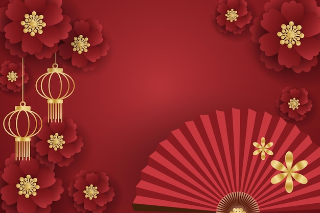 Chinese New Year festival banner design with red folding fans with golden lantern and flowers