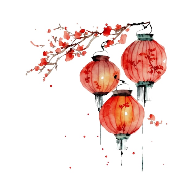 Vector chinese new year festive vector card design on watercolor background chinese red lanterns