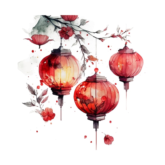 Chinese new year festive vector card design on watercolor background chinese red lanterns