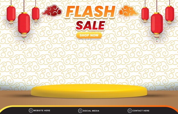 Chinese new year flash sale discount template banner with blank space 3d podium for product sale with abstract gradient white background design