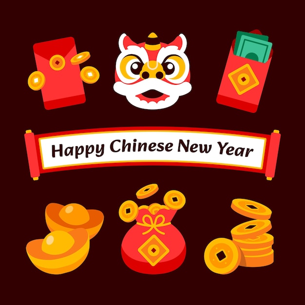 Китайский новый год плоские элементы дизайна иконы набор китайский мультфильм орнамент векторная иллюстрация EPS