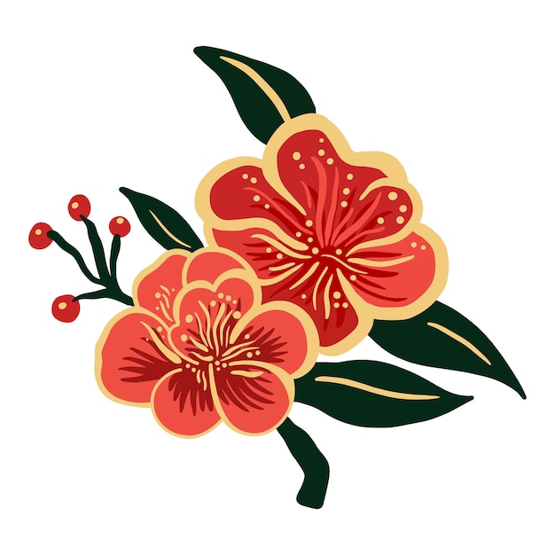 Vector chinese new year flower asian style peony blossom simple hand drawn flat style vector