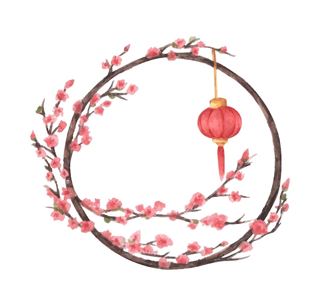 Vector chinese new year frame. lantern and sakura tree. watercolor illustration.