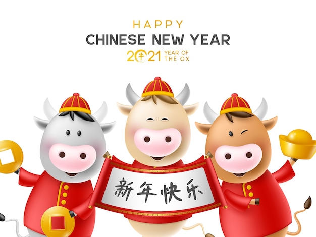 Capodanno cinese. personaggi divertenti in stile cartone animato 3d. anno dello zodiaco del bue 2021. tori carini felici con moneta d'oro, lingotto e pergamena.