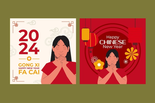 chinese new year girl celebrate social media post in flat illustration