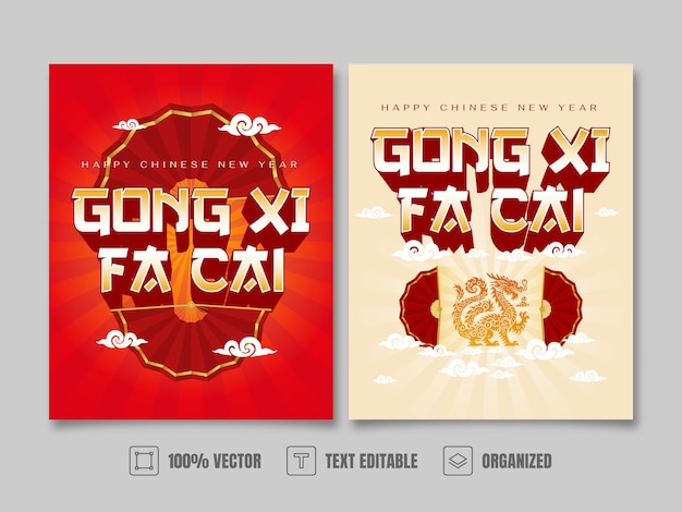 Vettore nuovo anno cinese gong xi fa cai poster design con effetto testo e sfondo sfumato giallo rosso