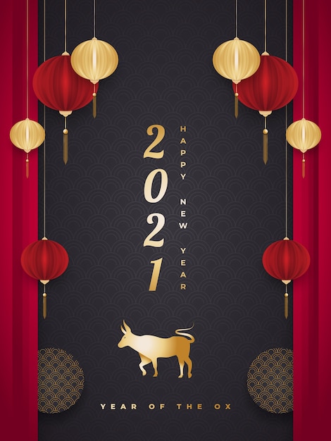 Vettore cartolina d'auguri o poster di capodanno cinese con bue dorato e lanterne in stile taglio carta su sfondo nero