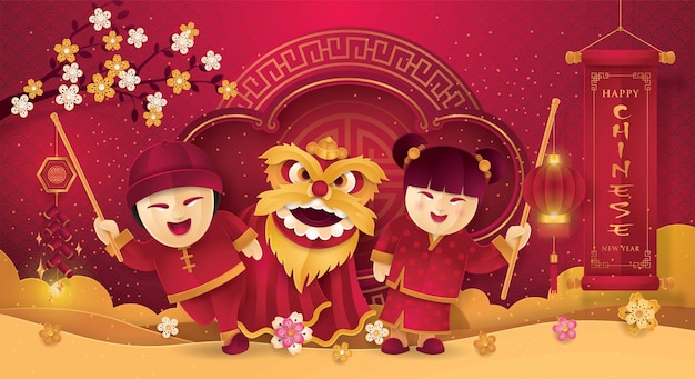 Китайская новогодняя открытка традиционный китайский костюм и танец головы льва подвесные фонари