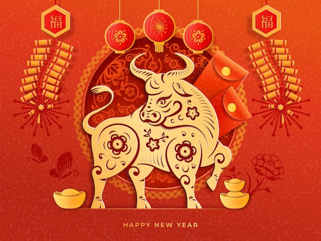 Chinese new year greeting card with fortune and good luck text translation. cny golden ox