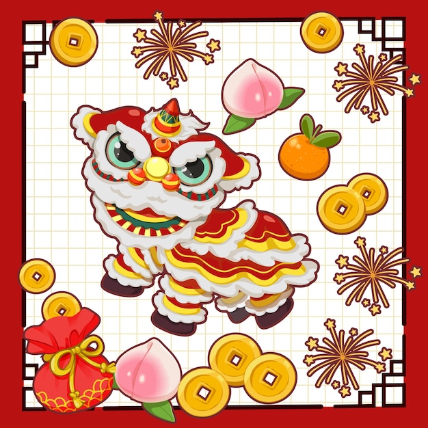 Chinese New Year Greeting Card with Lion Dance Vector illustration