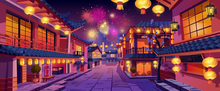 中国の旧正月の休日の夜のパノラマの家