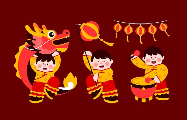 Vector chinese new year icon set chinese dragon dance flat design element in modern cartoonist style