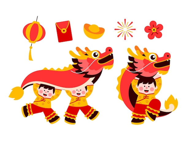 Chinese new year icon set Chinese dragon dance flat design element in modern cartoonist style