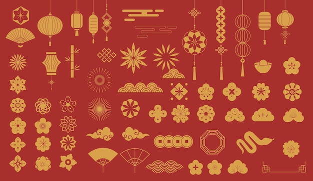 chinese new year icons ultimate vector set wave flower lantern fan snake cloud fan coin fir