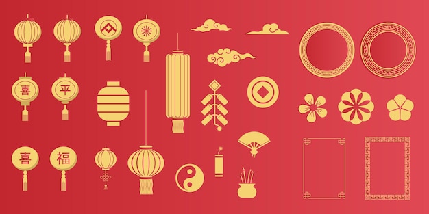 chinese new year icons vector set chinese paper lantern fan cloud flower firework isolated icons of asian lunar new year holiday decoration vector oriental culture tradition illustration