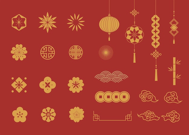 chinese new year icons vector set wave flowerlantern fan coin firework icons of asian lunar