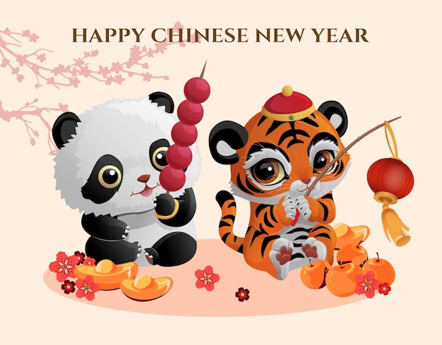 Chinese new year. illustration of a cute tiger carrying a lantern and a cute baby panda eating satay