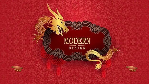 Chinese New Year Isolated frame with dragon on a textured red background