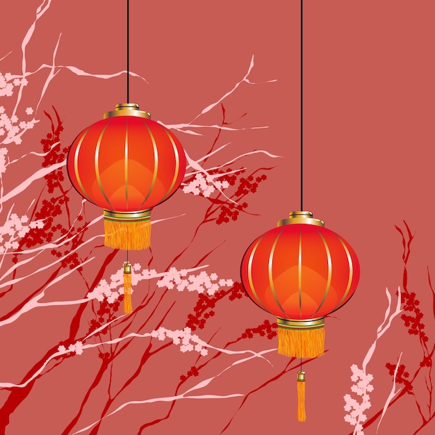 chinese new year lanterns with cherry blossom in the background