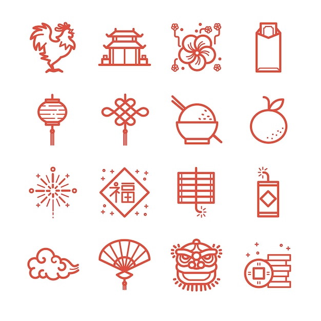 Chinese new year line icon set. 