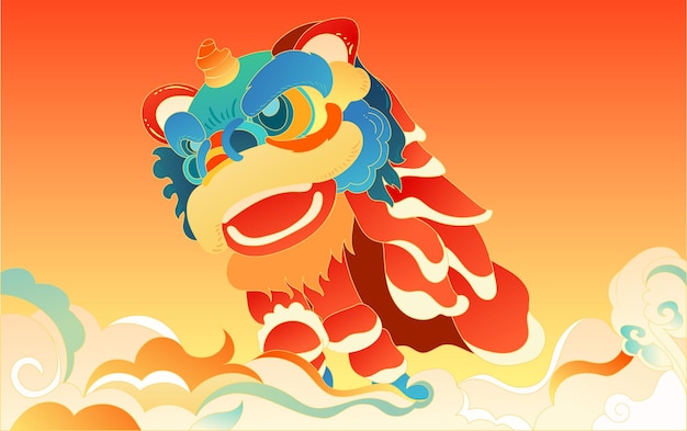 中国の旧正月獅子舞祭お祝いイラスト国潮新年挨拶春