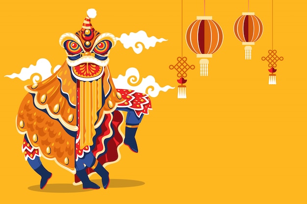 Chinese new year lion dance with jump and scroll vector