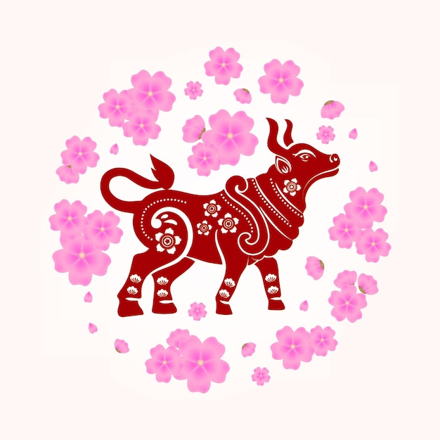 중국 새 해 황소 기호 황소 문자의 년 꽃과 공예 스타일의 아시아 요소