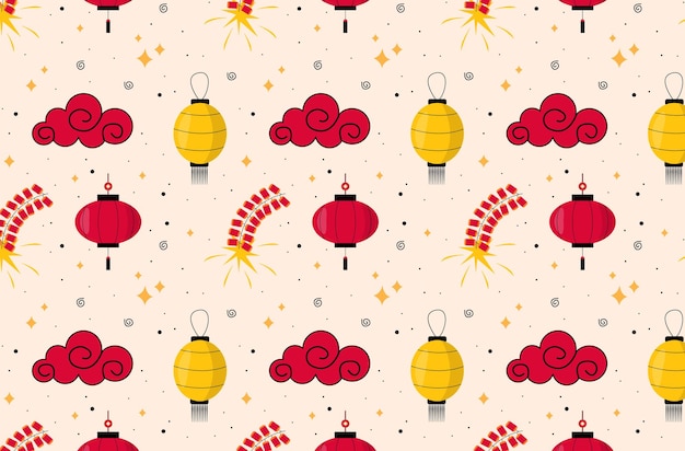 Chinese new year. pattern with chinese lanterns, fireworks and clouds