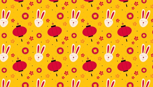 Chinese New Year. Pattern with a rabbit, Chinese lanterns, coins and flowers