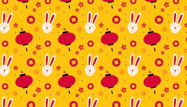 Chinese new year. pattern with a rabbit, chinese lanterns, coins and flowers