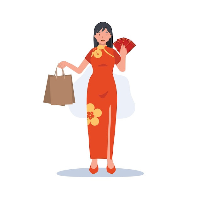 Vector chinese new year promotion concept woman holding money gift aka angpao and shopping bags flat vector cartoon character illustration