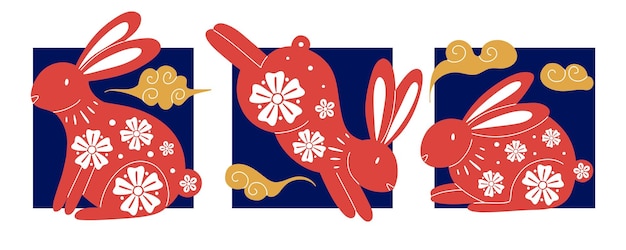 中国の旧正月のウサギ赤い伝統的な干支動物赤いバニーのシルエットと白い花2023星占いカードまたは正方形のポスターアジアの太陰暦ベクトル東洋のイラスト