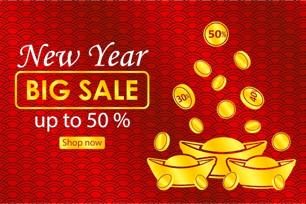 Шаблон целевой страницы распродажи китайского нового года с монетами и золотыми слитками на красном фоне
