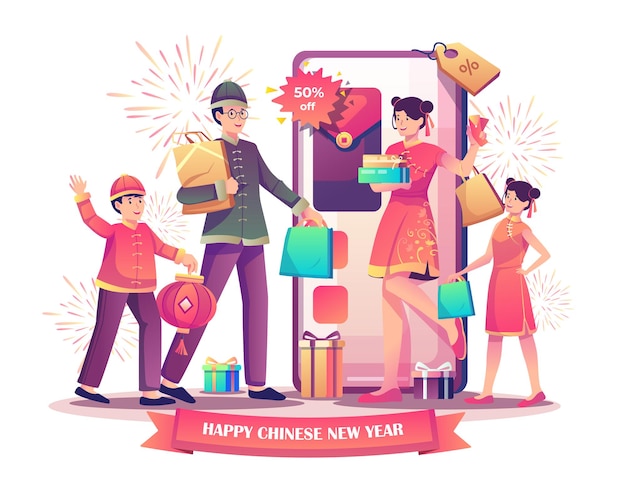 Shopping cinese del nuovo anno con la famiglia asiatica che tiene le borse della spesa vicino a una grande illustrazione dello smartphone