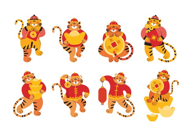 Chinese new year of the tiger 2022. tigers with traditional clothes with chinese gold coins, ingot, angpao, red envelope for money, paper lantern. symbol of eastern zodiac sign. vector illustration.