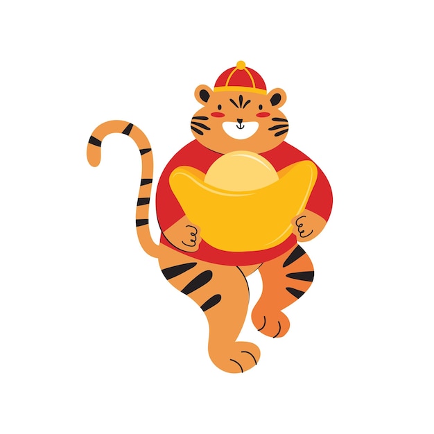 Chinese new year of the tiger. Cute tiger in red Chinese traditional clothes holds a big gold ingot