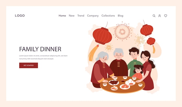 Vector chinese new year tradition web banner or landing page cheerful asian family leisure on festive day