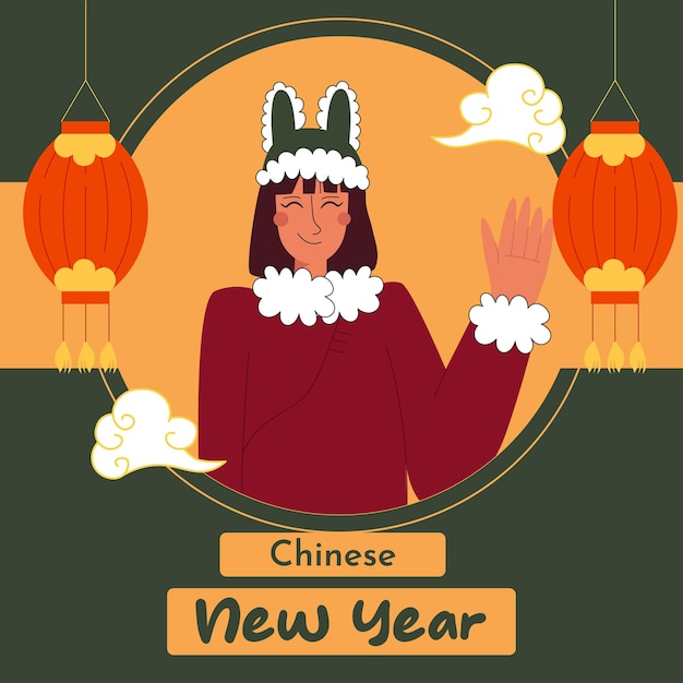 Chinese New Year web banner design with woman in tradition Chinese clothes and lantern elements