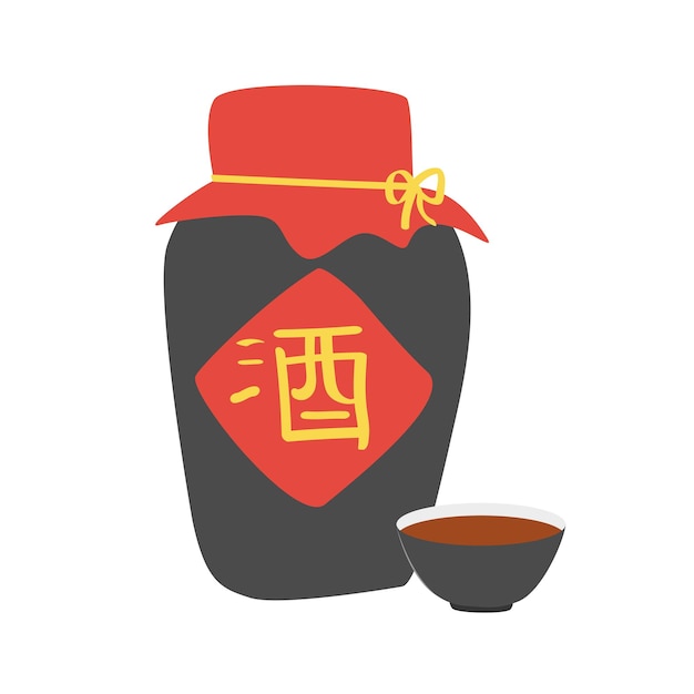 Chinese New Year wine clipart, traditional rice wine jar, and bowl flat vector cartoon drawing style