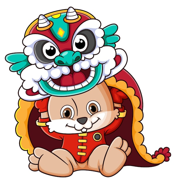 Vector chinese new year with cute rabbit character design and lion dance costume