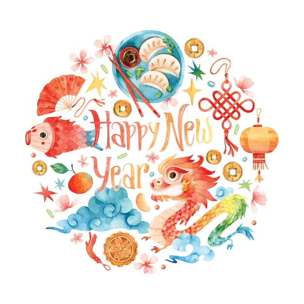 Chinese New year with dragon watercolor round illustration for invitation