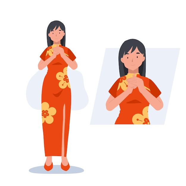 Chinese new year woman greeting flat vector cartoon character illustration