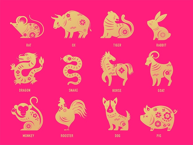 Vector chinese new year, zodiac signs, papercut icons and symbols.